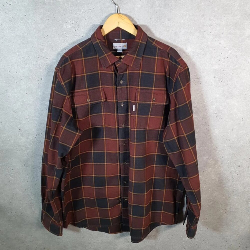 Vintage Carhartt Shirt Button Down Mens XL Tall Brown Checkered Chore Utility Or